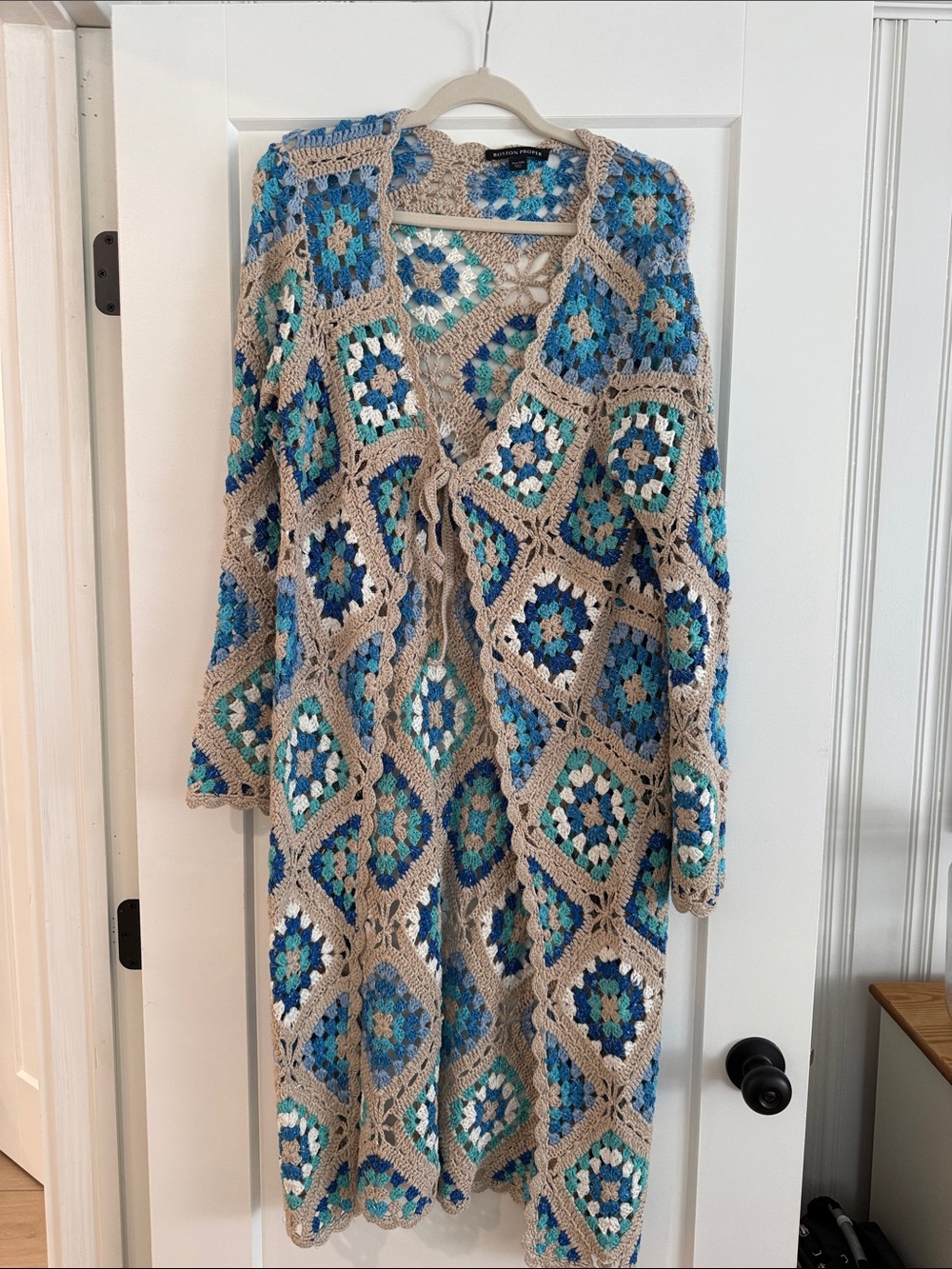 Boston Proper Crochet Open-Front Cardigan in Blue and Cream